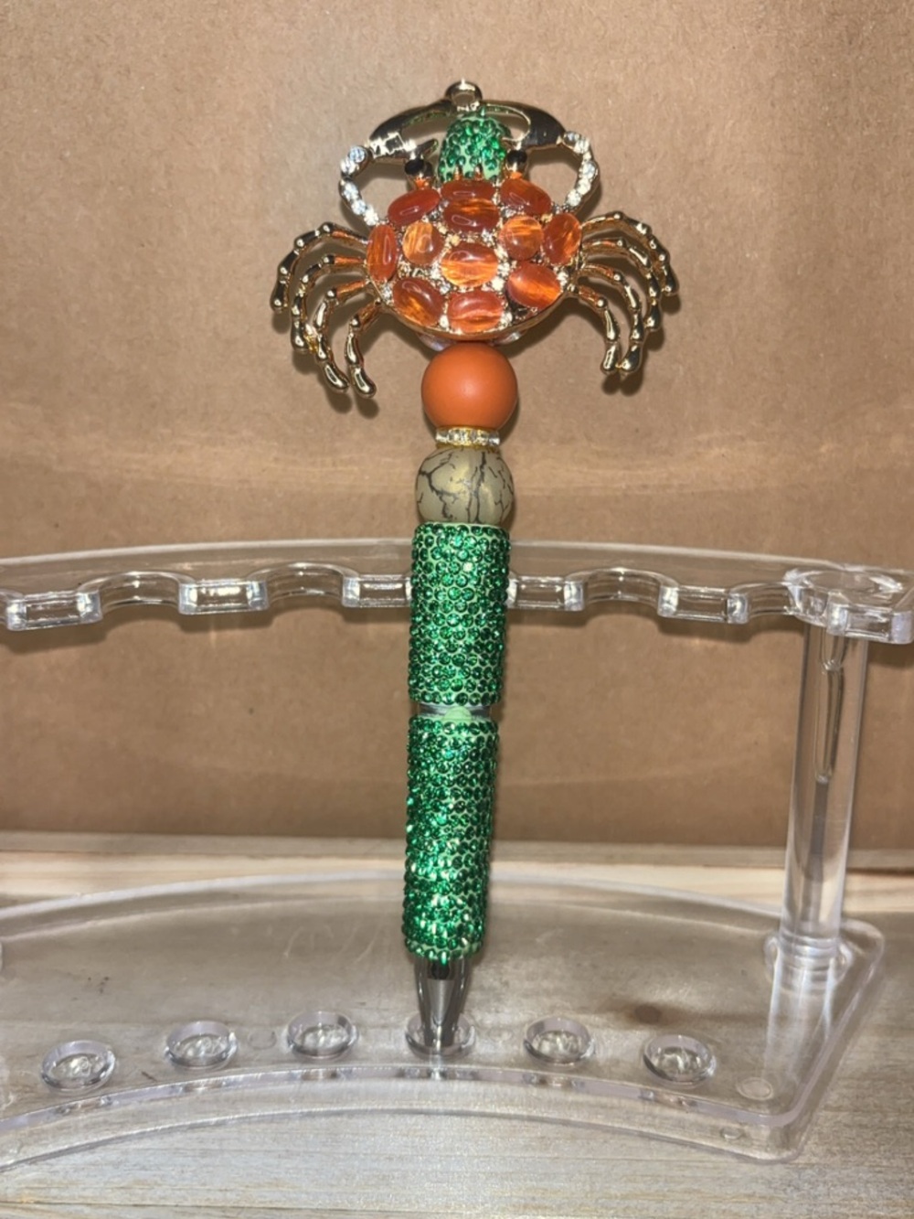 Green Crystal Crab Ballpoint Pen with Orange Accents